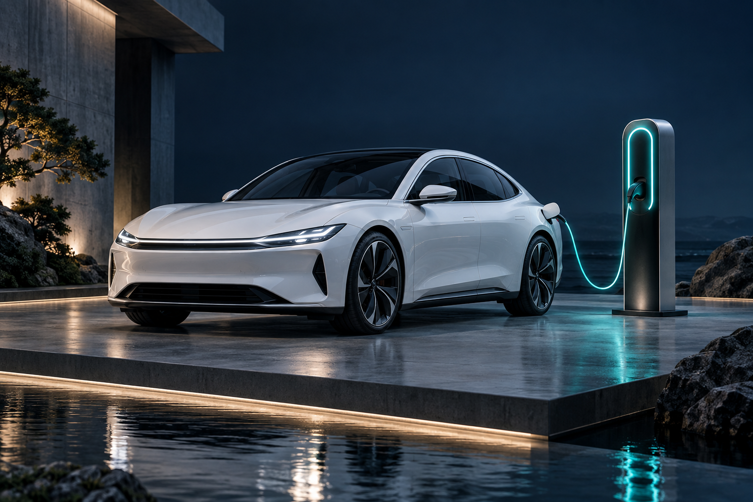 Electric car beside an illuminated charging station