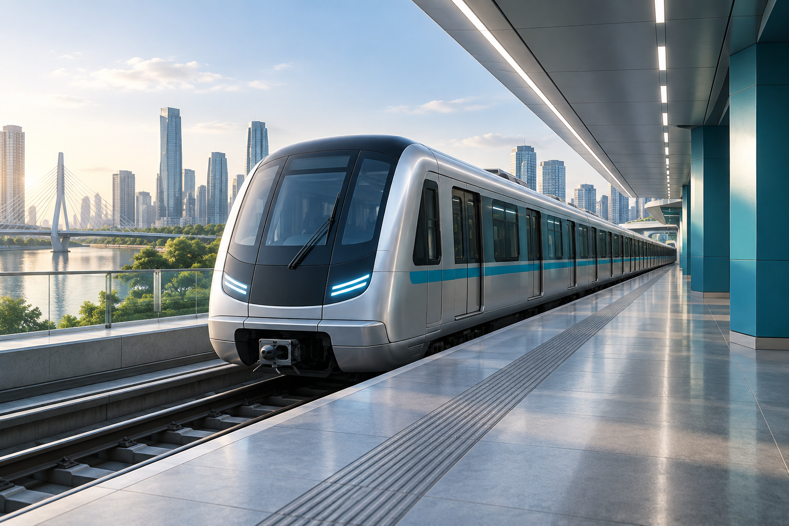Modern silver metro train at a contemporary station