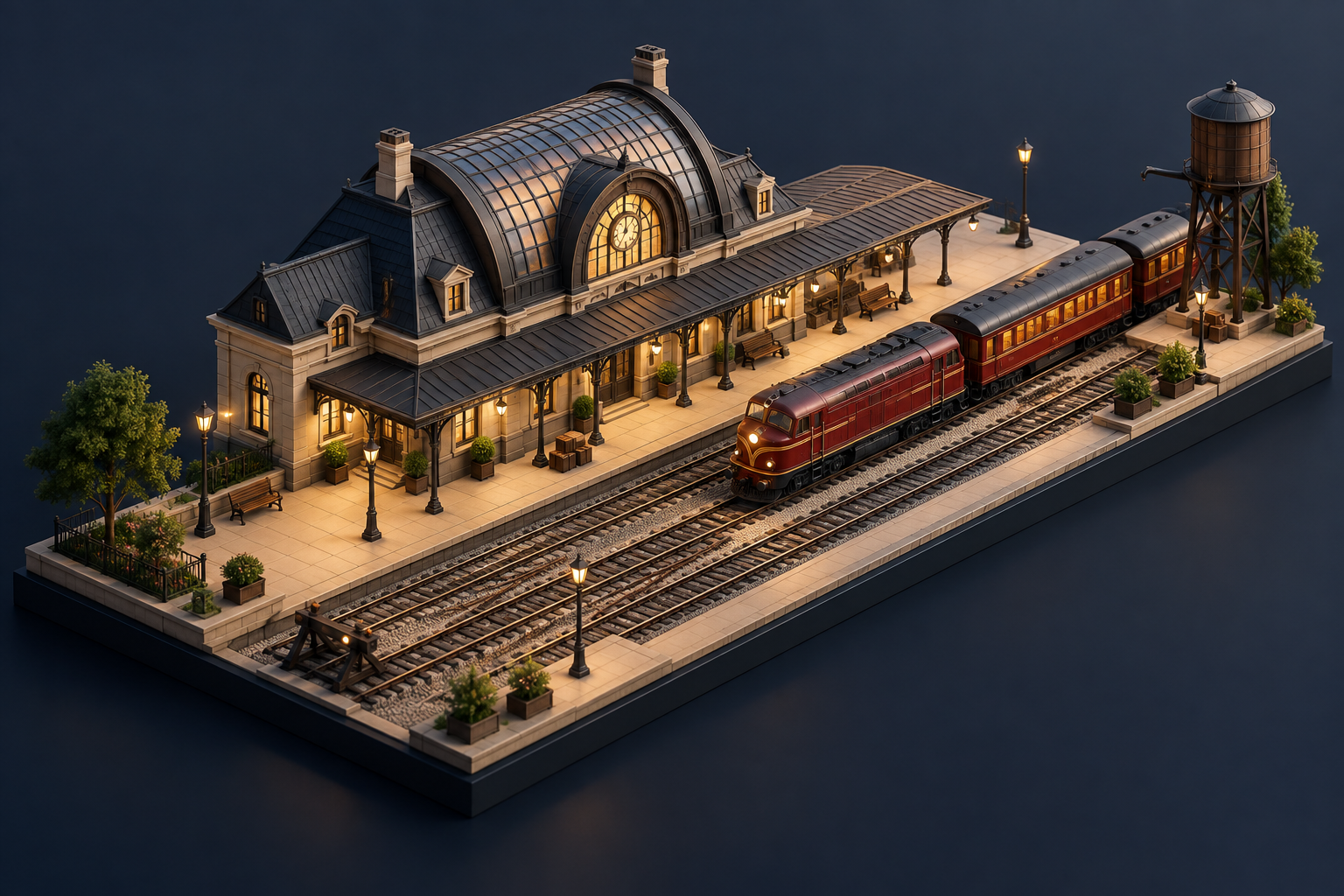 Miniature railway station with a locomotive