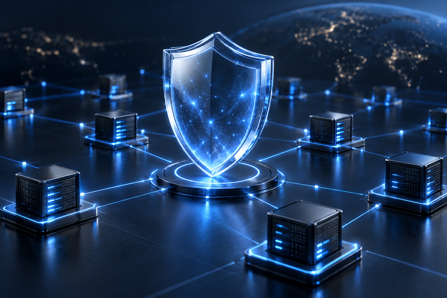 Glass shield and connected servers representing network security