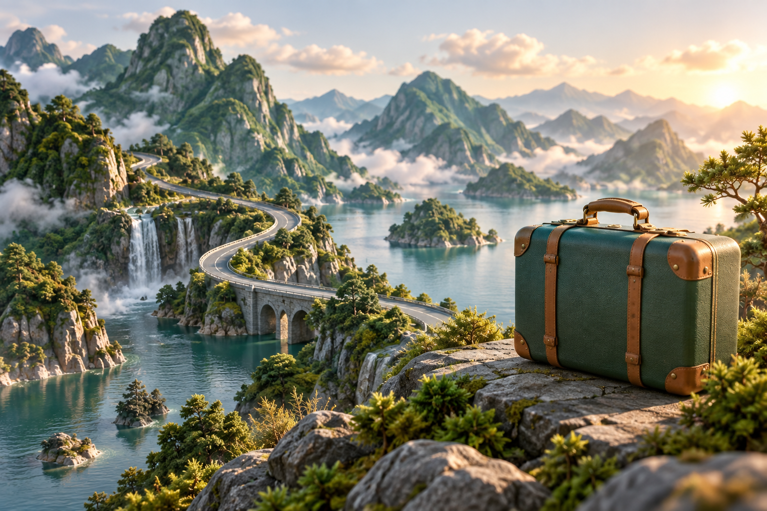 Mountain landscape and suitcase representing tour planning
